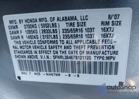2007 Honda Odyssey Ex z USA, uszkodzony, nr VIN 5FNRL38467B121120